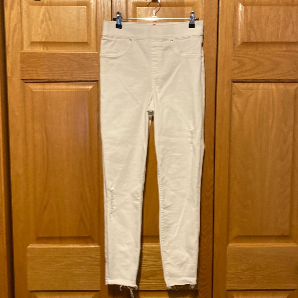 Spanx pull on stretch white denim pants size small raw hem comfort waist